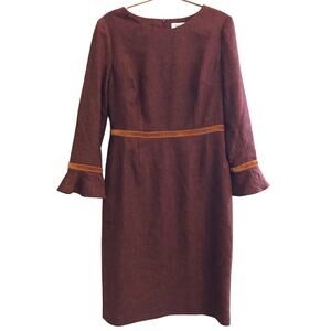 The Fold Rosnaree Rust Tweed Sheath Dress 12 Bell Sleeve Velvet Trim